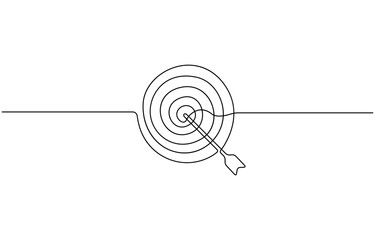 Target with an arrow hitting the center, one continuous line illustration. Continuous line drawing of archery target with arrow, Archery sport exercise with target board concept. Vector Illustration.