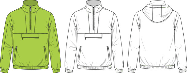 Men’s quarter-zip pullover jacket front and back, cad drawing flat vector illustration, zip pocket technical sketch, hooded outerwear design © Bokul Creatives
