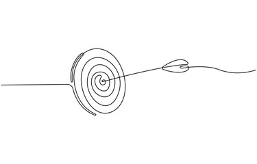 Target with an arrow hitting the center, one continuous line illustration. Continuous line drawing of archery target with arrow, Archery sport exercise with target board concept. Vector Illustration.
