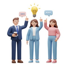 Three diverse cartoon business people collaborating and sharing ideas with a bright lightbulb symbol overhead isolated on transparent background