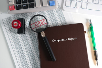A photo illustration for an Compliance Report; A detailed report is placed under a magnifying...