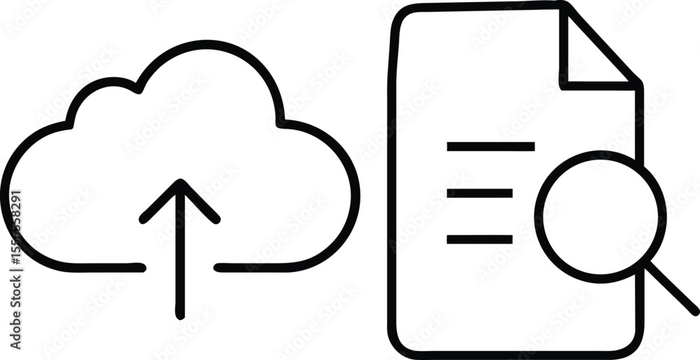 Poster cloud upload symbol next to document search icon with magnifying glass