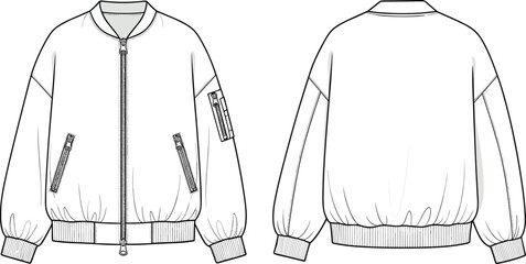 Bomber jacket fashion flat sketch, front and back technical view, ribbed cuffs and hem, zipper detail design, unisex outerwear CAD vector illustration template
