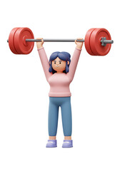 Obraz premium Cartoon 3d woman with blue hair lifting a heavy red barbell with both hands isolated on transparent background