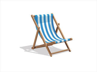 "3D Realistic Beach Chair. Blue Striped Deck Chair with Wooden Frame Isolated on White Background."