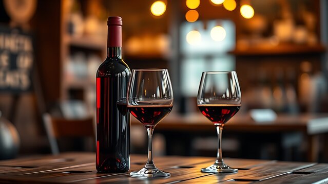Red wine bottle and glasses on rustic wooden table with warm lighting and bokeh