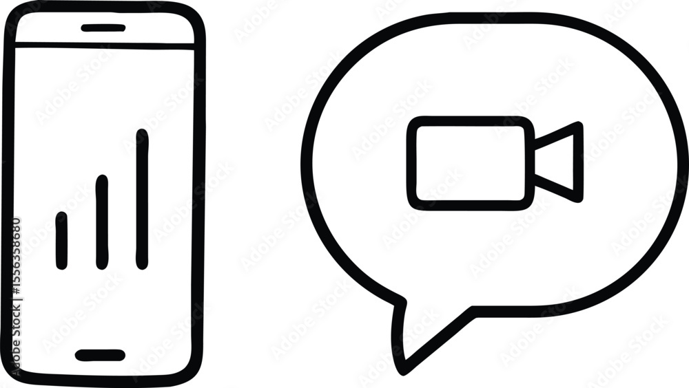 Poster hand drawn simple black icon of a smartphone with signal bars and a speech bubble with a video camer