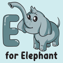 E for Elephant: A cartoon illustration featuring cute elephant standing next to the letter E, a perfect blend of education and charm for children's learning materials.