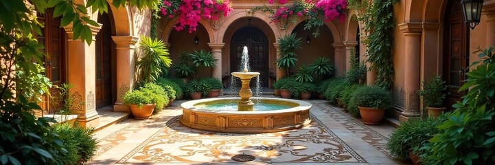 Sun-Drenched Seville Patio Tranquil Scene of Lush Greenery, Ornate Tiles, and Elegant Fountain