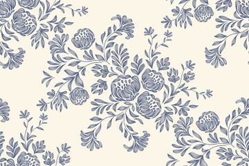 Obraz premium Vintage floral ethnic tapestry modern embroidery texture boho design vector illustration hand drawn silhouette indigo blue flower motif branches leaves wallpaper seamless background border.