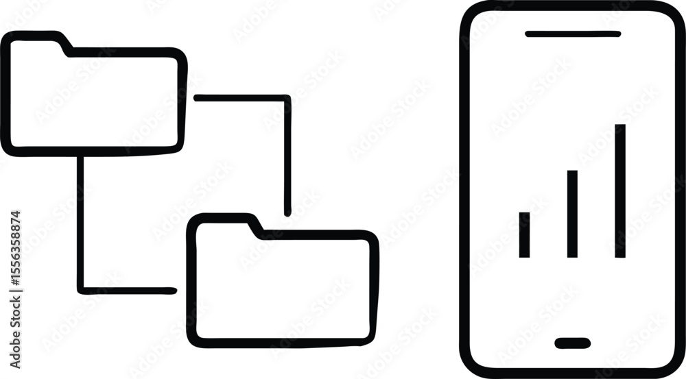 Poster simple line art icons of folders connected to a smartphone displaying a bar chart