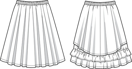 Pleated skirts front and back, cad drawing flat vector illustration, ruffle hem design, fashion technical sketch, layered garment template