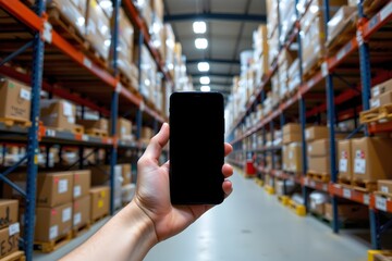 Smartphone in Warehouse: A hand holds a modern smartphone in a warehouse, highlighting its potential for inventory management, order tracking, and efficient logistics.