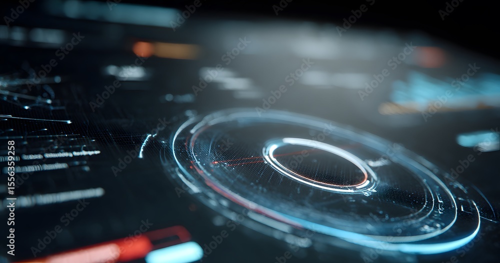 Poster a close-up of the interface on an advanced computer screen, with futuristic lines and holographic el