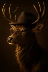 Fototapeten Anthropomorphic animals: a sophisticated deer portrait with a fedora hat and glasses © Alice