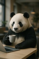 Anthropomorphic animals: a cute panda bear happily drinking coffee while working on a laptop