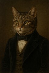 Anthropomorphic animals: a classic oil painting portrait of a tabby cat in a tuxedo