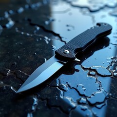Tactical Knife on Polished Granite - Reflective Studio Shot with Blue Lighting