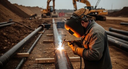 Fototapeta premium A welder man works on a gas pipeline construction site at dusk, joining metal pipes with electric arc, gas industry.