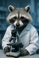 Ethical storytelling science: a raccoon scientist in a lab coat curiously using a microscope