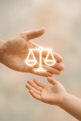 Ethical storytelling imagery with adult and child hands passing a glowing justice scale