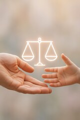 Ethical storytelling concept with adult and child hands and a glowing justice scale