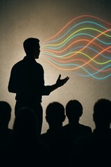 Conceptual art of a public speaker's silhouette with colorful sound waves as voice