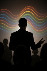 Conceptual art of a presenter's silhouette with colorful sound waves as voice