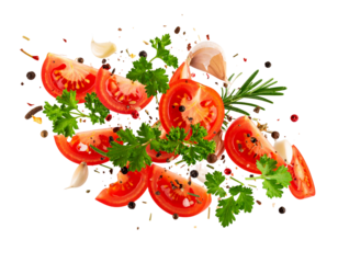  Flying Tomato Slices with Herbs and Spice Trail, Dynamic Food PNG
