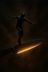 Figure balancing on a knife's edge, a metaphor for risk and precision