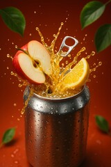 Apple and Lemon Fruit Soda Pop Art Still Life with Splashing Juice on Red Background