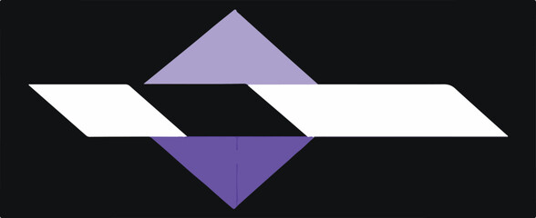 An abstract geometric design with interlocking white and purple shapes, forming a central diamond, against a dark background.