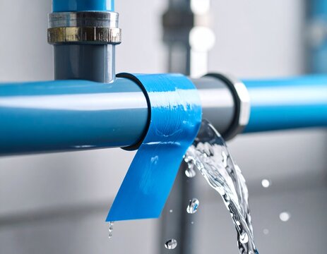 Water Leakage from Pipe: The photograph focuses on a water pipe with a visible leak. The pipe is wrapped with tape as an attempt to stop the water flow, signifying a plumbing issue.