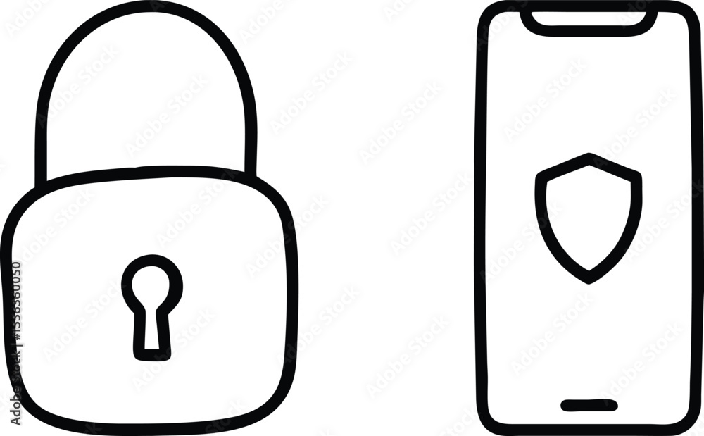 Poster digital security concept with a padlock and a smartphone displaying a shield icon