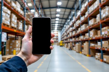 Inventory Management App: A hand holds a smartphone displaying a blank screen against the backdrop of a vast warehouse filled with rows of stacked cardboard boxes.