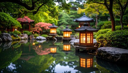 Tranquil Japanese garden at dusk