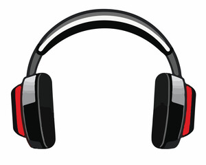 A pair of black, red, and grey over-ear headphones with a prominent headband, isolated on a white background.