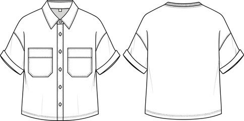 Front and back technical flat sketch of short sleeve cropped shirt with patch pockets, turn-up sleeves, button-down front, fashion cad drawing vector illustration