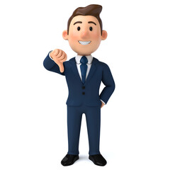 Fototapeta premium Cartoon businessman in a dark blue suit giving a thumbs down gesture with a negative expression isolated on transparent background