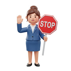 Friendly cartoon businesswoman holding a red stop sign and raising her hand to signal halt isolated on transparent background