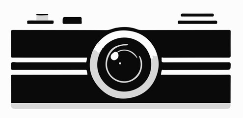 A black and white, retro-style camera with a large lens and a subtle shadow, on a white background.