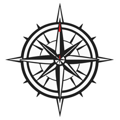 A detailed black and white compass rose with a red indicator, suggesting direction, exploration, and guidance.