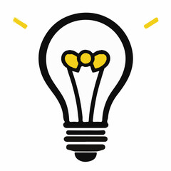 A clear illustration of a black-outlined light bulb with a yellow filament and glowing accents, symbolizing a bright idea or innovation.