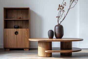 Modern solid wood tea, coffee, and end tables with open storage shelves in oak color, wabi-sabi style living room furniture set with white wall background