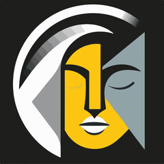 An abstract, cubist-style face in yellow, grey, and white, with closed eyes, set within a circular design on a black background.