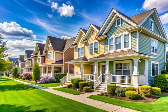 Pastel duplex houses sunny day green lawn residential street image