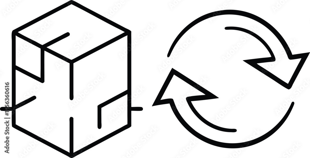 Poster abstract geometric shapes representing a cube and a circular arrow cycle