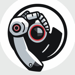 A dynamic logo features a robotic arm and hand in black, white, and red, clenching a fist or holding an object, within a white circle.