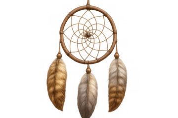 Native american dreamcatcher with feathers hanging on transparent background, protecting from bad dreams and letting good dreams flow