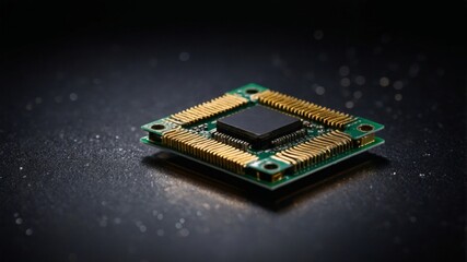Close-up of a Computer Chip Showcasing Intricate Circuitry in a Dark Environment With Soft Lighting Highlighting Its Features
